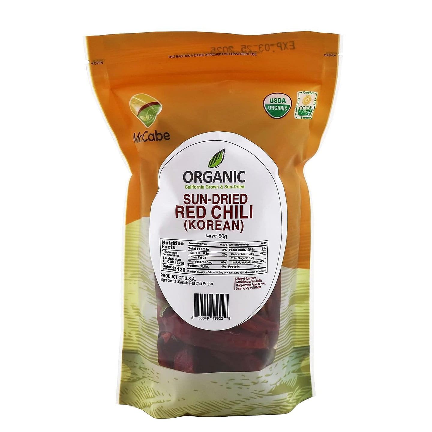 McCabe Organic Sun-Dried Red Chili Pepper 50g (Korean Variety), USDA Certified O 50 g
