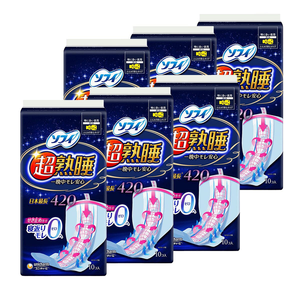 Unicharm Sofy Overnight Sanitary Pads (42cm) 60pcs 6 pack