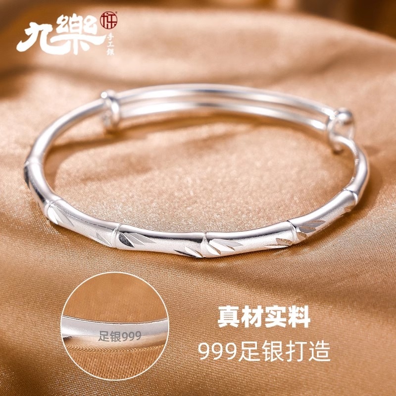 純銀　足銀999.55g 九乐足银999银手镯纯银古法推拉竹节镯子实心- Weee!
