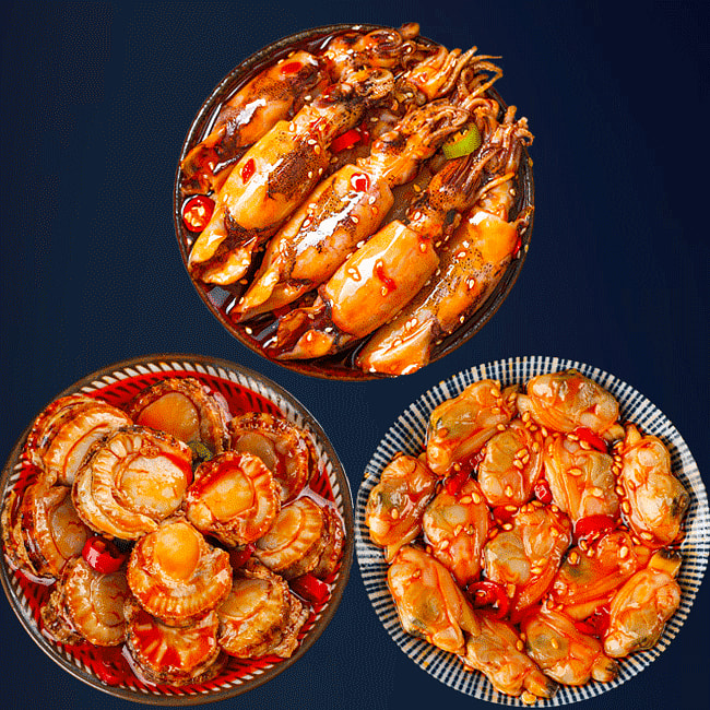 香辣海鲜罐头即食不辣宿舍下饭酒菜零食扇贝+海兔+蛤蜊100克*3罐