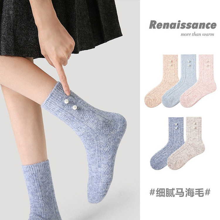 Renaissance羊毛袜子女秋冬季中筒袜羊绒款长筒袜保暖珍珠公主袜