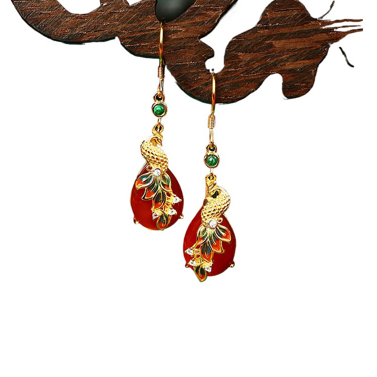 宫里上新 红玛瑙耳饰玉石耳环耳坠金色40*10mm 1 盒