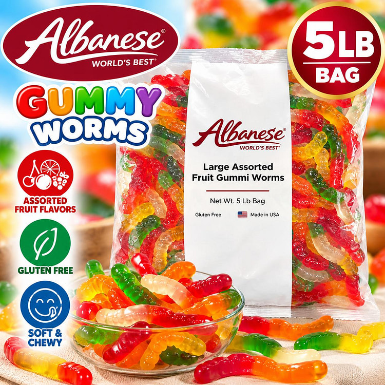Albanese Large Assorted Gummy Worms 5lb 1 each