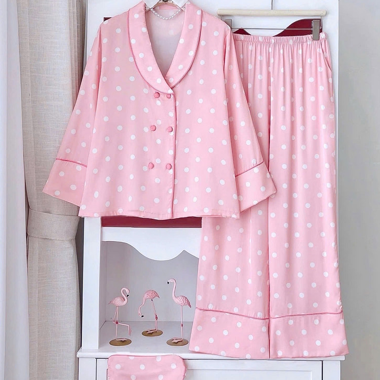 Premium Silk White Pink Polka Dot Pajama Set 1 count