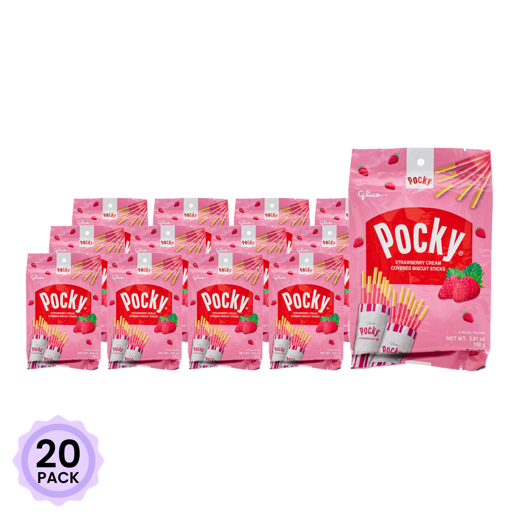 Glico Pocky Strawberry Cream Covered Biscuit Sticks – 3.81oz Bag – 9 Packs, Asian Snack