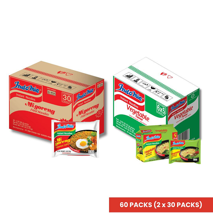 Indomie Fried Noodles 30 + Vegetable Flavor 30 1 count*60 pack