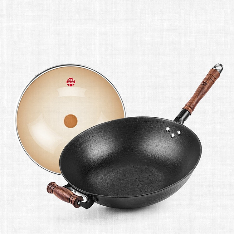 玻璃盖古法锅】王源吉 大口径龟纹平底炒锅 32CM
