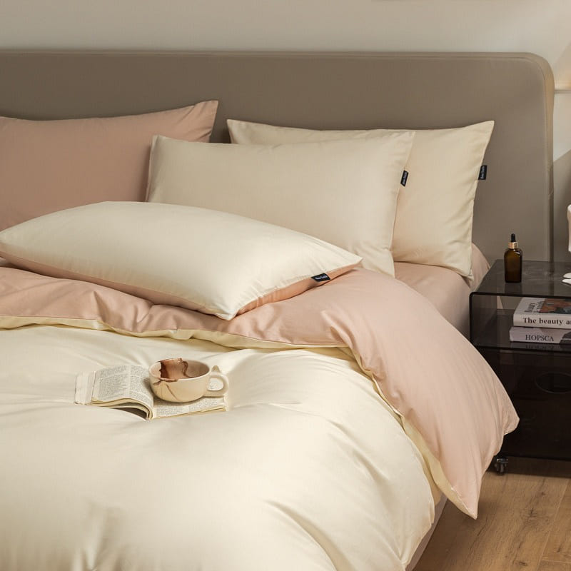 Bedding Set King Size Flat Sheetx1 Duvet Coverx1 Pillow Casex2 White+PeachPink 1 each