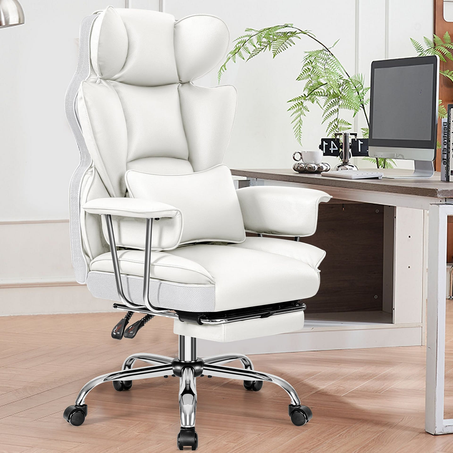Executive Big Tall PU Leather Chair Footrest White 48 lb