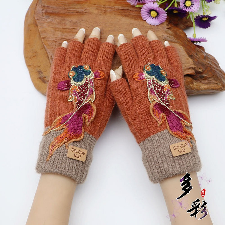 民族绣花 半指手套 女秋冬季毛线针织加厚 桔色 1 个