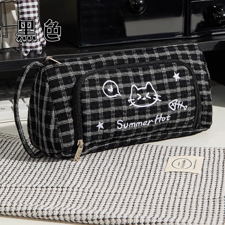 高颜值ins风笔袋黑色格纹小猫1个 1 份