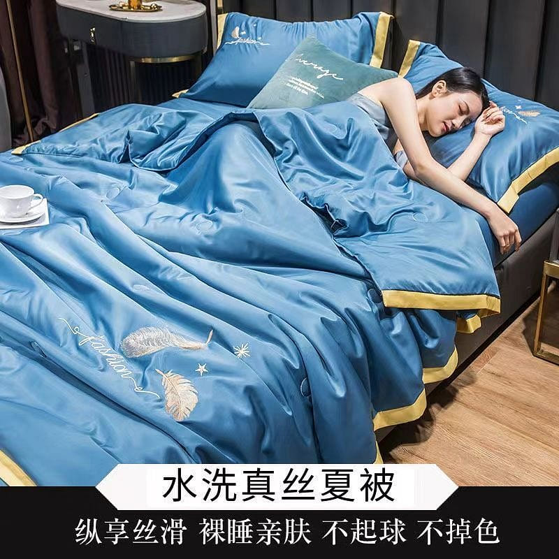 【凤羽-月光蓝180*220cm【夏被+床单+枕套】天丝空调被四件套冰丝夏被 4.41 磅