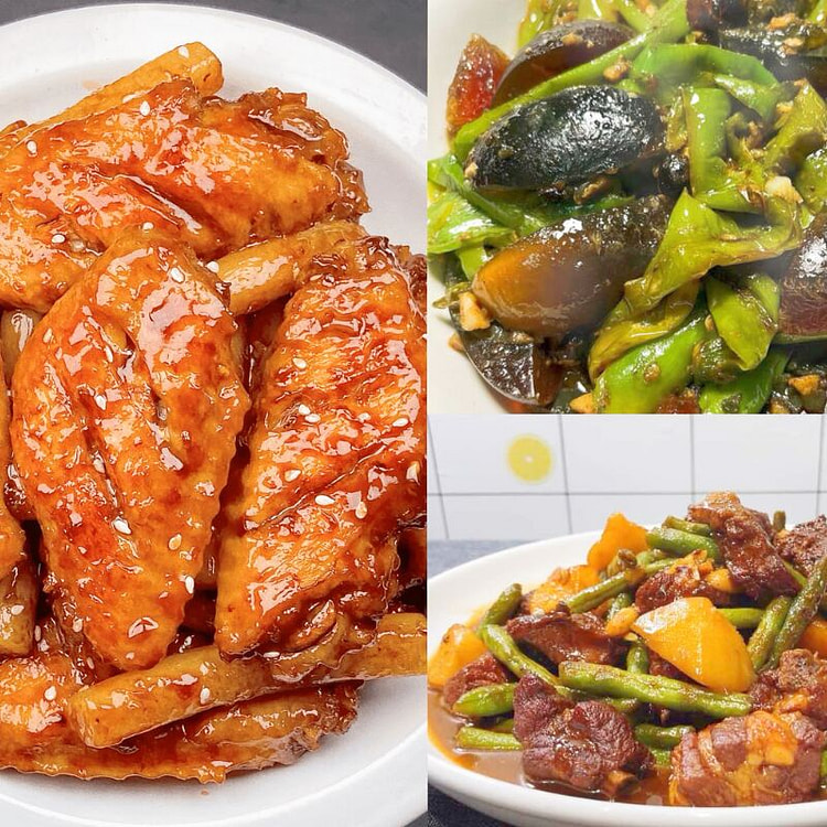 家常套餐(红烧鸡翅,排骨炖豆角土豆,尖椒皮蛋) 1 份