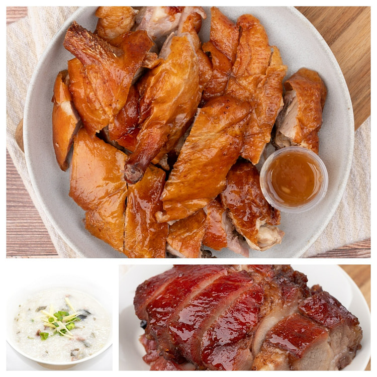 感恩套餐1（半只烧鸭+蜜汁叉烧+皮蛋瘦肉粥） 1 份