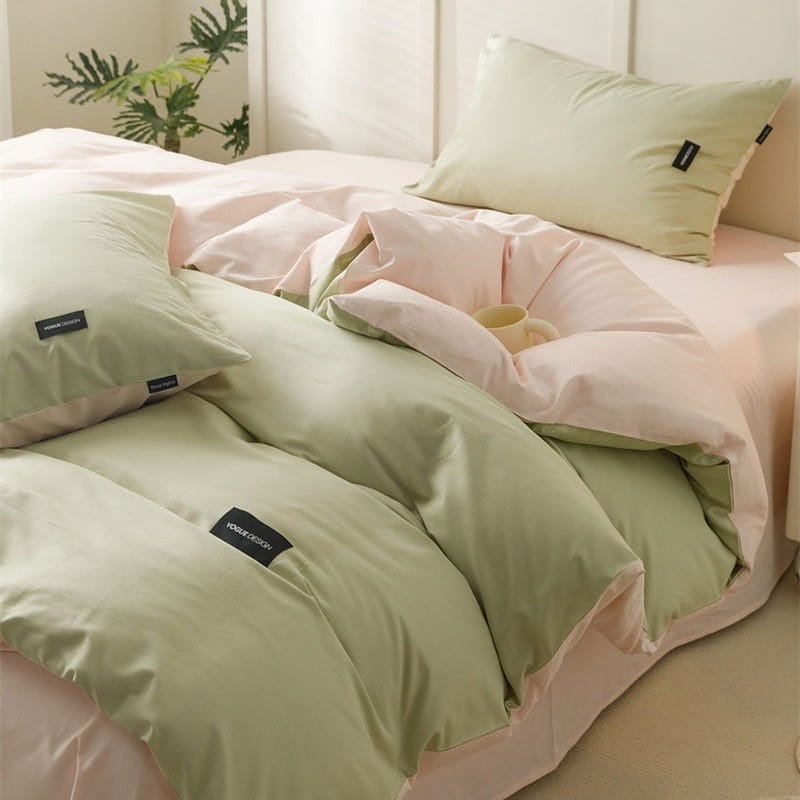 Bedding Set Flat Sheetx1 Duvet Coverx1 Pillow Casex2 Green+Pink 1 each
