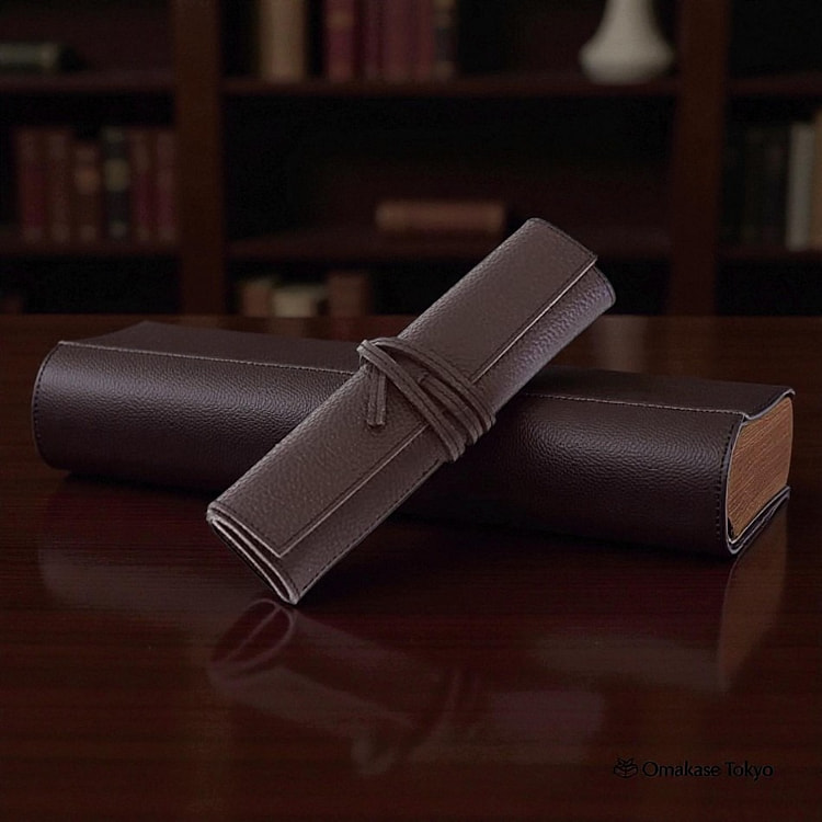 Acacia Style Roll Pen Case - Genuine Leather Brown