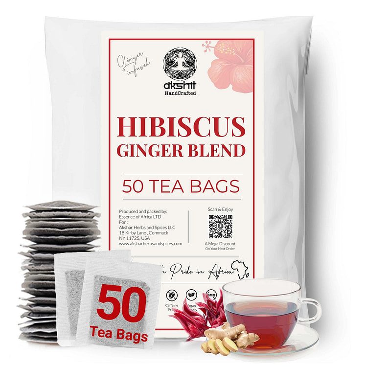 50 Hibiscus Ginger Tea Bags, Herbal Tea Blend 50 count