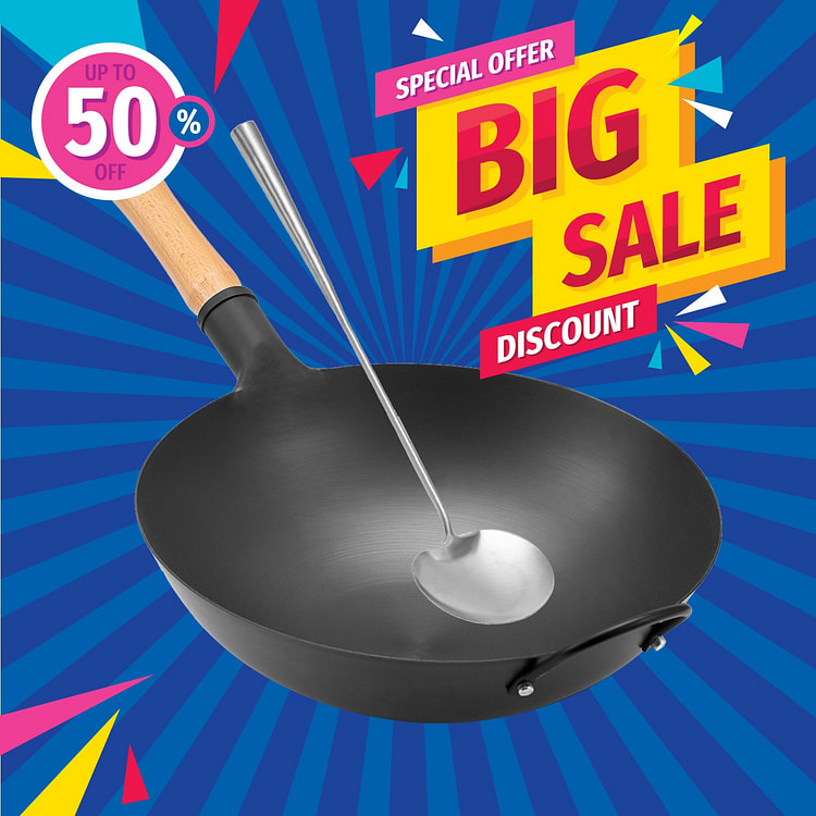 WANGYUANJI Carbon Steel Wok Wooden Handle Chef's Professional Wok 36CM