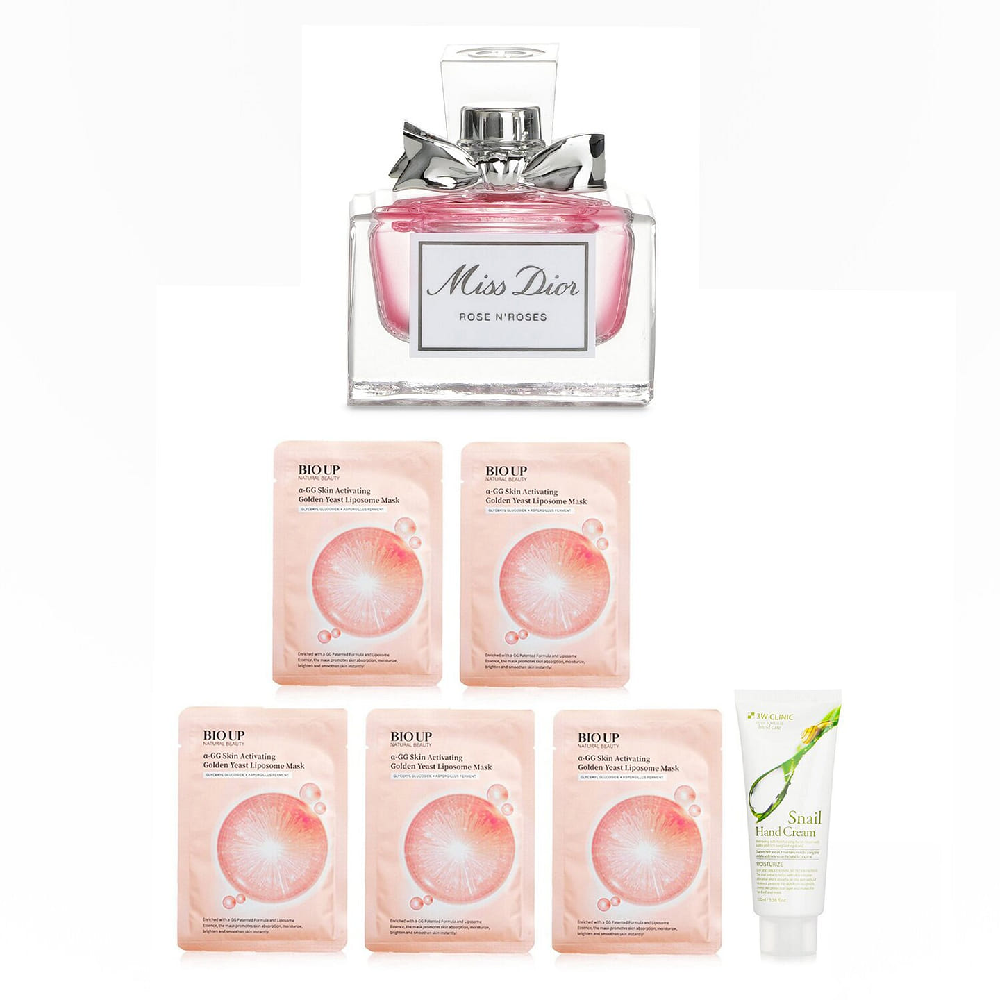 Christian Dior Blooming Beauty Set:Miss Dior Rose N’Roses EDT 5ml+3W Clinic Hand Cream-Snail 100ml+NBBIO UP a-GG Skin Activatiting Mask 5ps 7 bottle