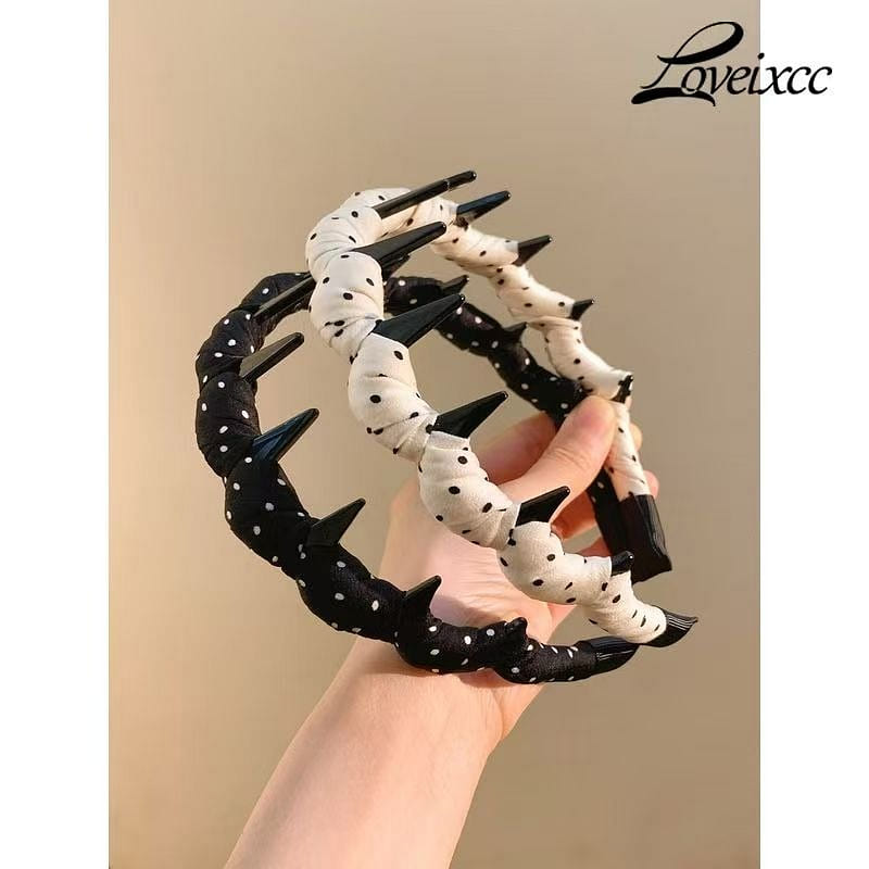 Black White Polka Dot Wavy Headbands With Teeth 2 each