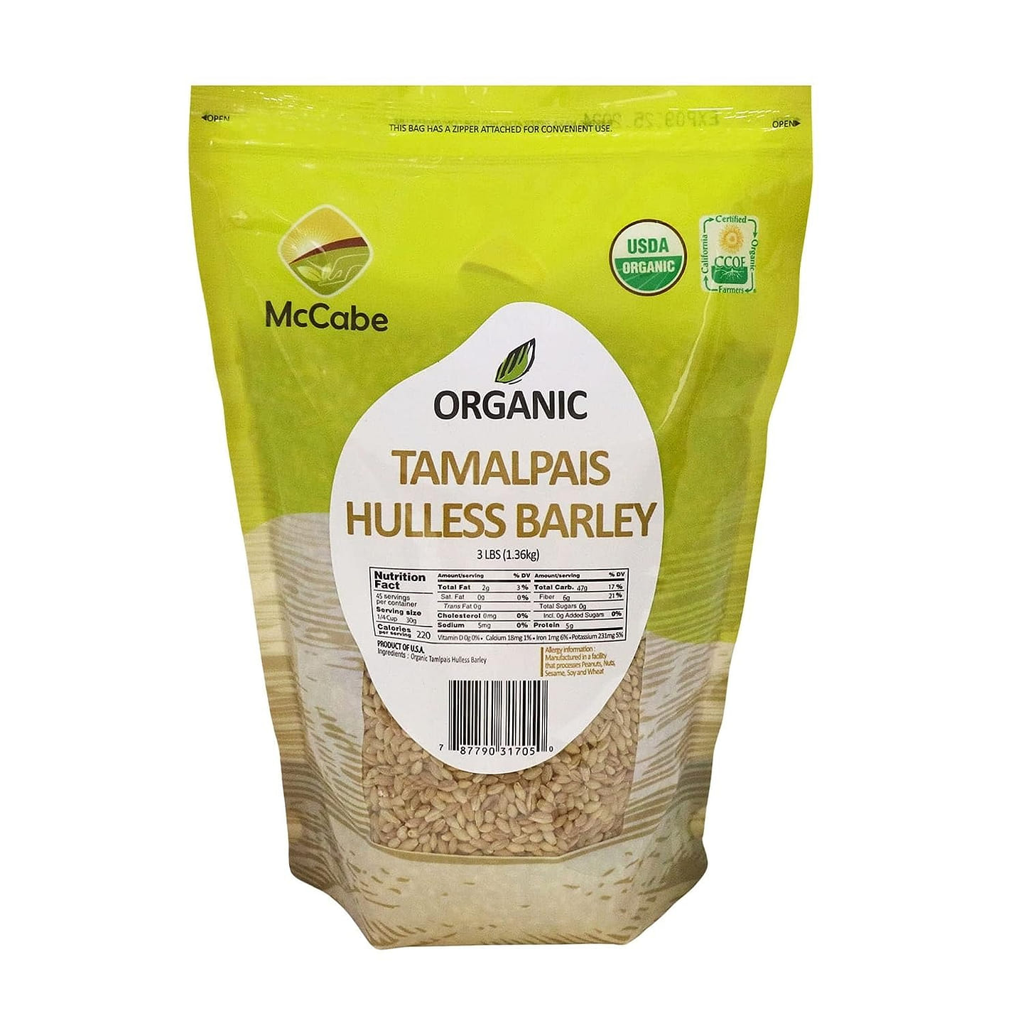 McCabe Organic Tamalpais Hulless Barley, 3 Pound, USDA Certified Organic 3 lb