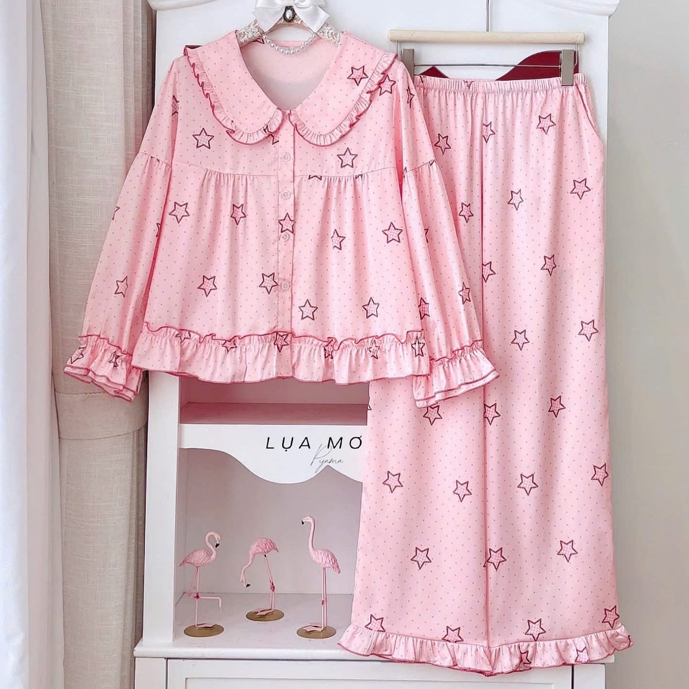 Premium Silk Pink Star Ruffle Trim Pajama Set 1 count