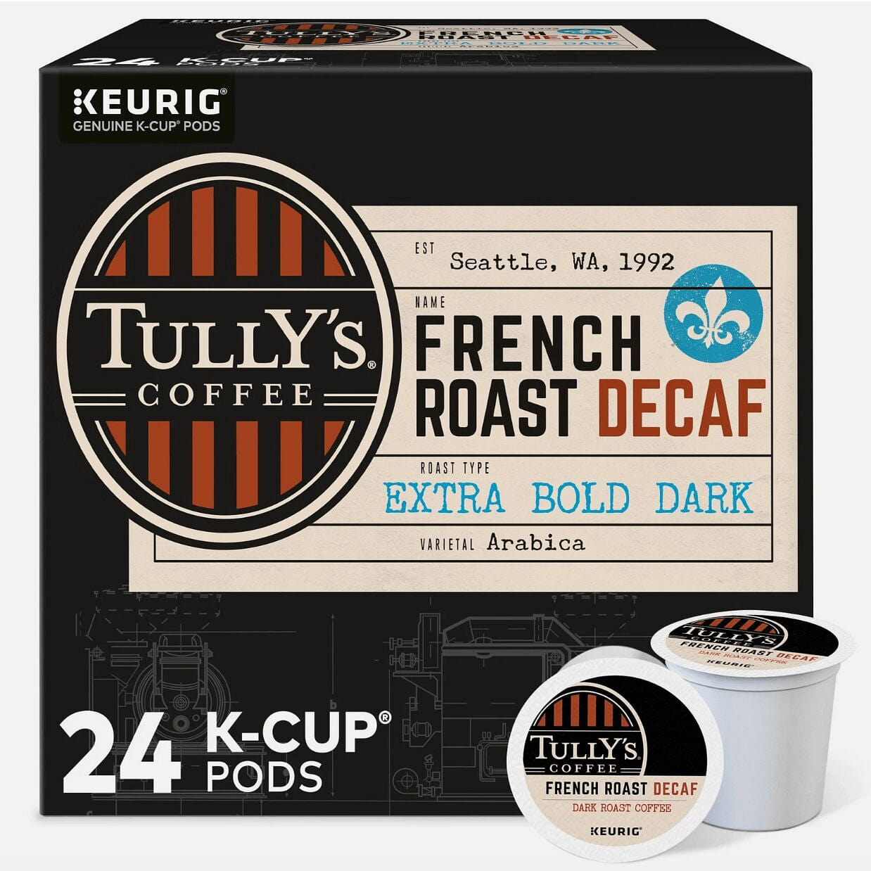 Tully’s Coffee French Roast Decaf, Dark Roast, 24 1 pack