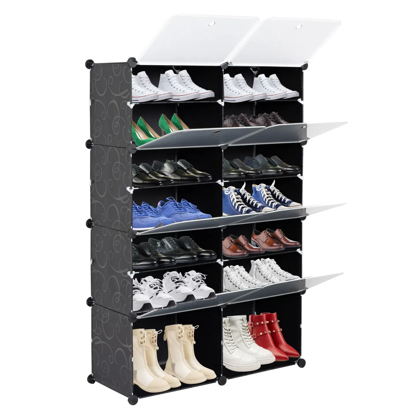 7-Tier Portable 28 Pair Shoe Rack Organizer 14 Grids Tower Shelf Storage Cabinet Stand Expandable for Heels, Boots, Slippers, Black RT 1 each