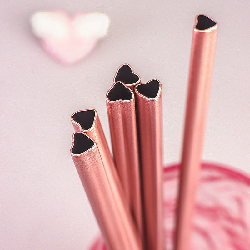 Romantic Pink Dual-Heart Stainless Steel Straw Set 1 box