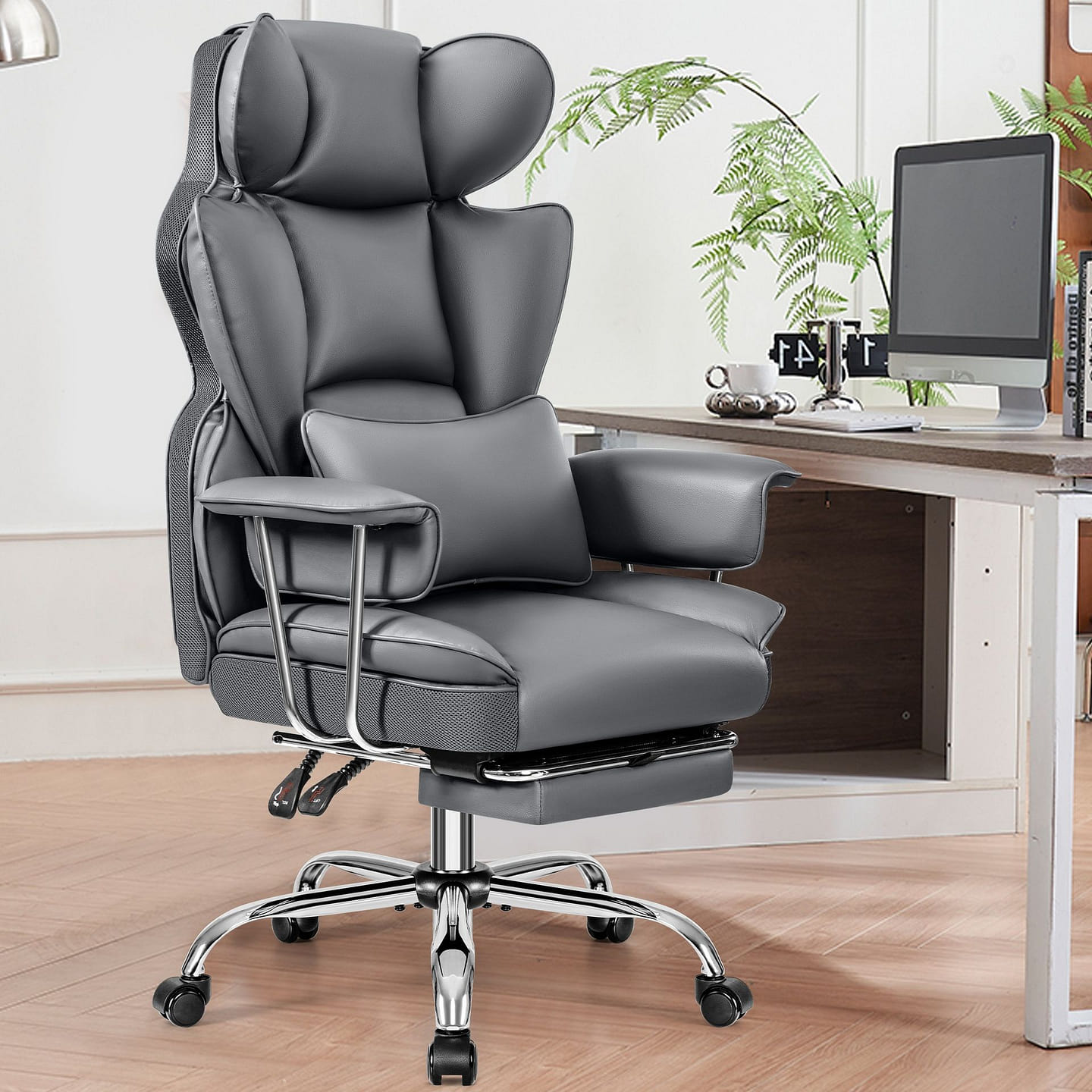 Executive Big Tall PU Leather Chair Footrest, Grey 48 lb