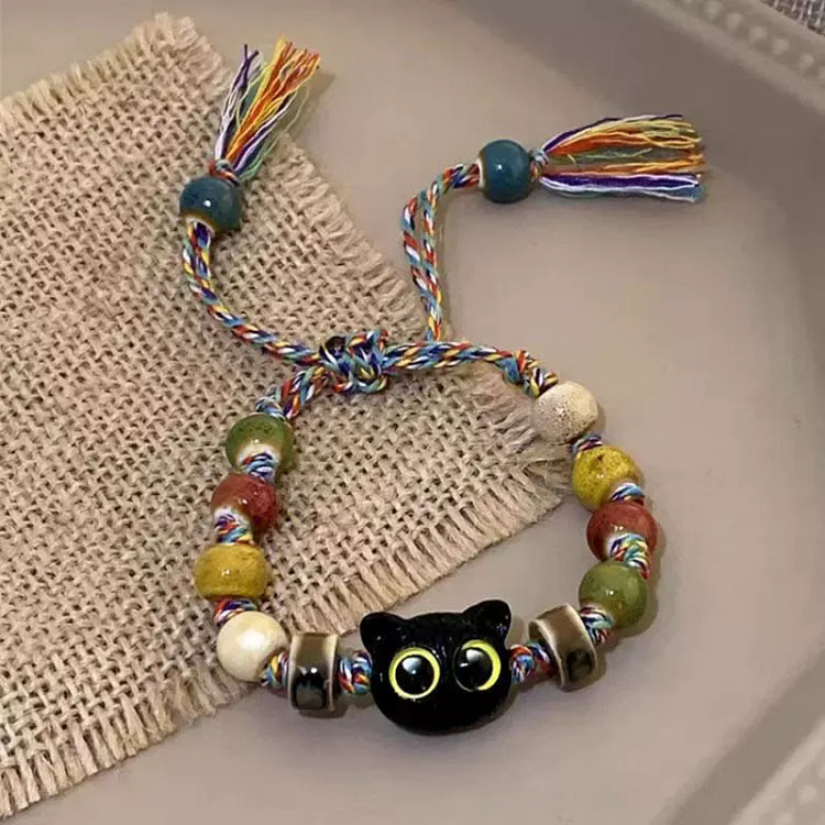 景德镇手工陶瓷猫咪编织手链民族风 -编织彩色猫咪手