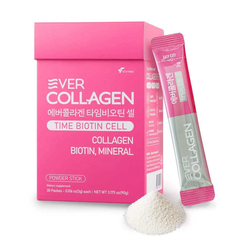 NEWTREE EVERCOLLAGEN TIME 生物素細胞低分子量海洋膠原蛋白肽粉包,皮膚頭髮指甲蛋白粉補充劑,旅行裝 - 無需水服用,30 支 1 箱