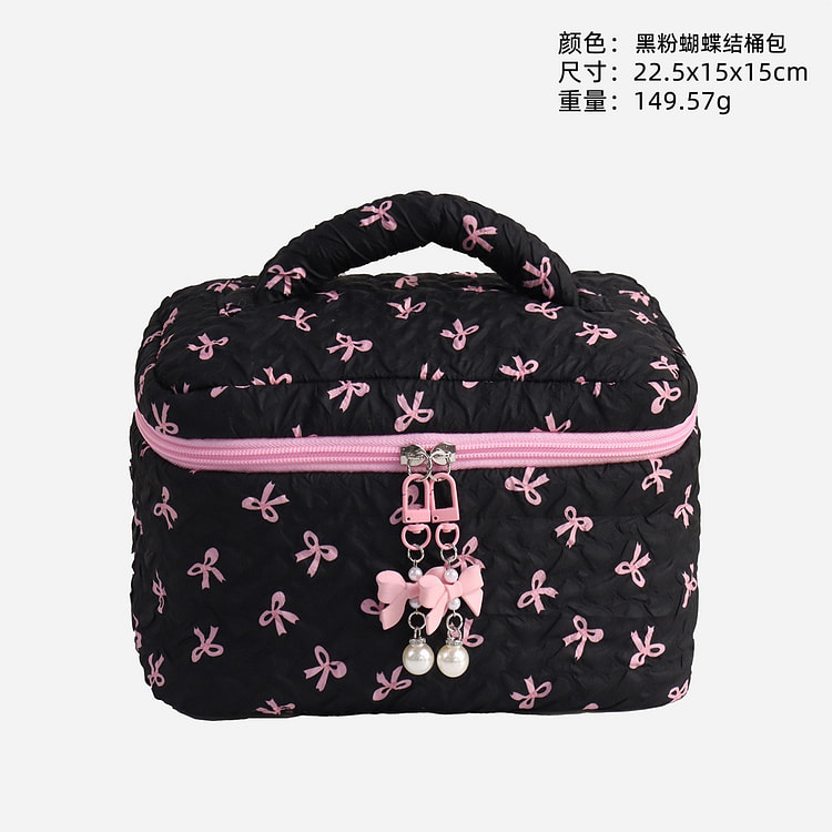 蝴蝶结化妆包零钱收纳包可爱大容量 黑粉蝴蝶结桶包