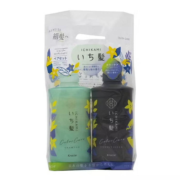 KRACIE ICHIKAMI 染后护理丝滑修护洗护套装 - 柠檬花和樱花香（洗发水480ml+护发素480g）