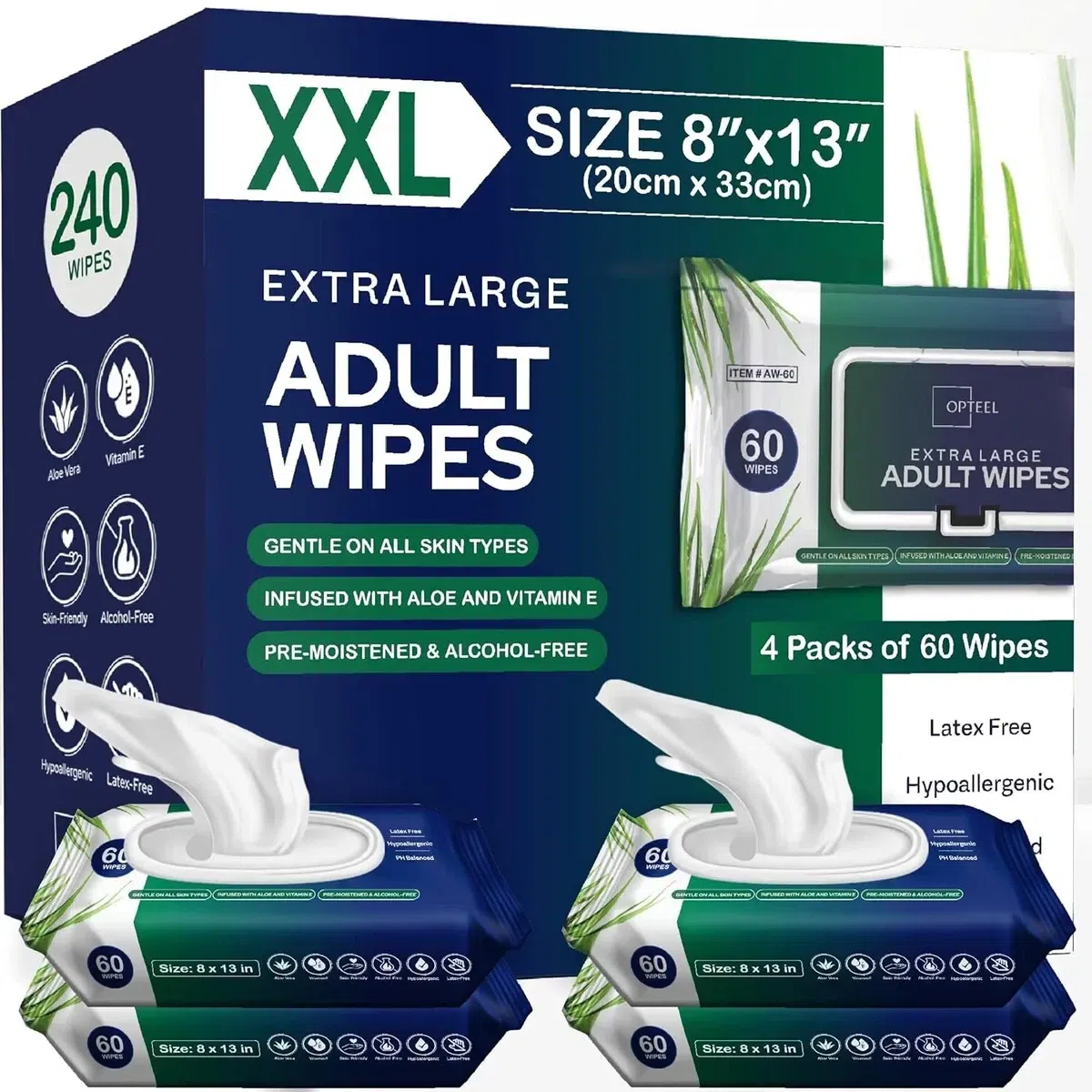 Unscented Adult Wipes 8×13 240ct Large Soft 1 pack
