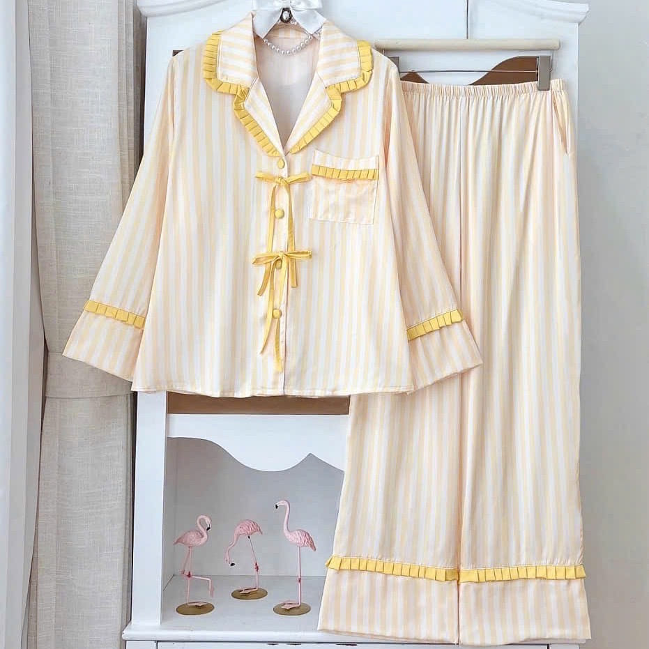 Premium Silk Pastel Yellow Pleated Trim Pajama 1 count