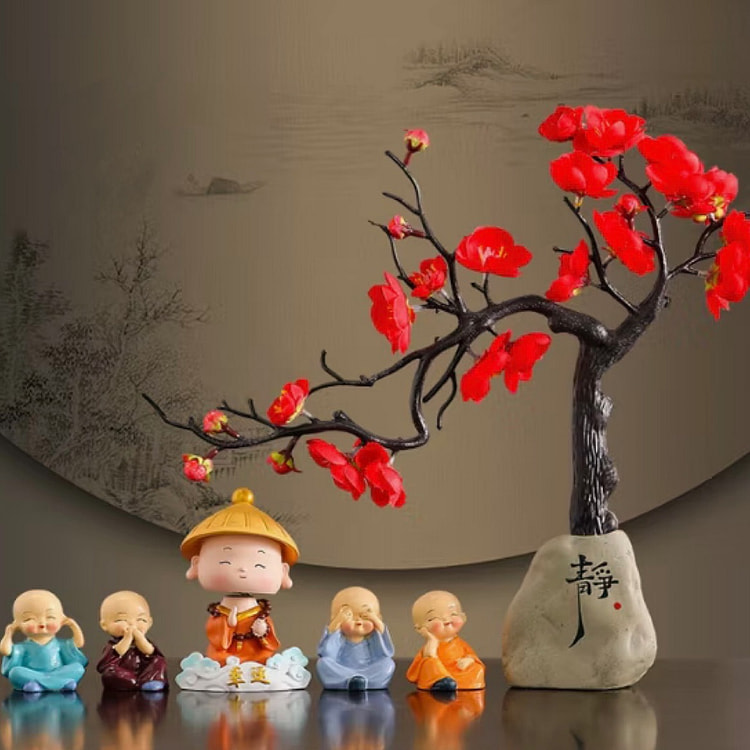 Little Monk with Peach Blossom Stone Vase LuckySet
