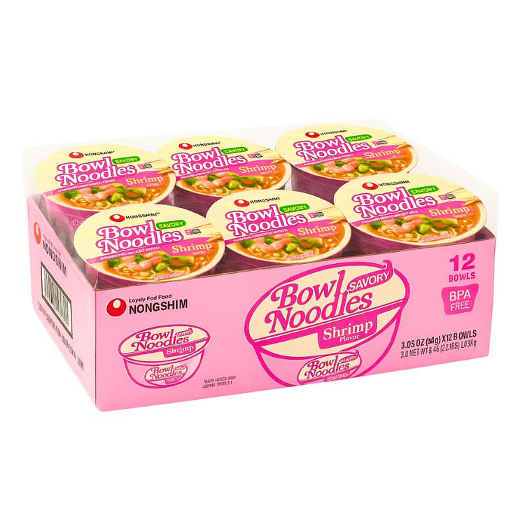 Nongshim Savory Noodle Bowl, Shrimp pack of 12
