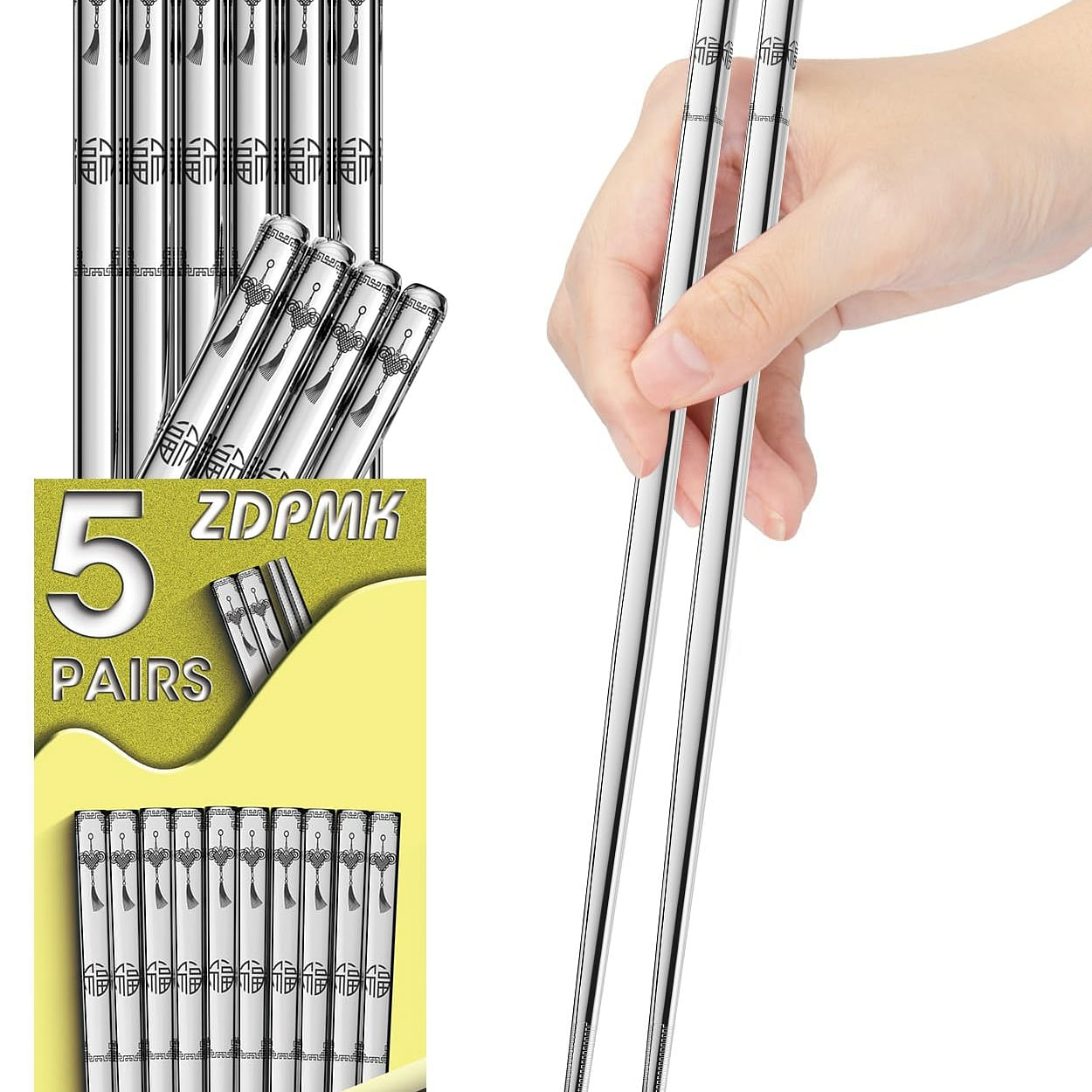 Stainless Steel Chopsticks 5 Pairs Reusable metal 1 each