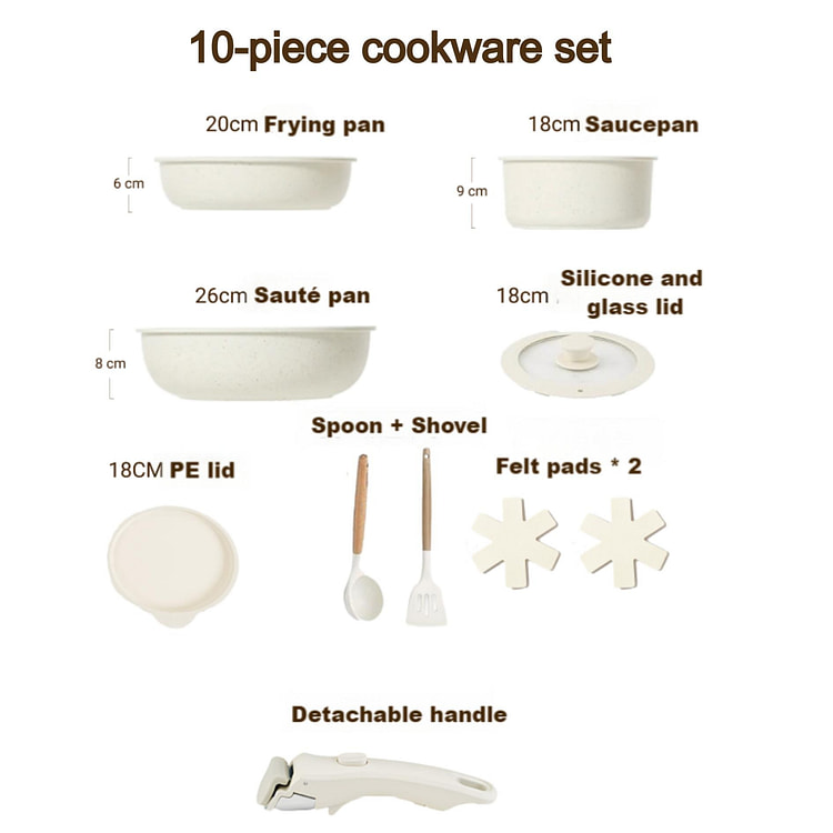 不粘锅具10件套 可拆卸把手 硅胶锅铲汤勺 白色 1 份