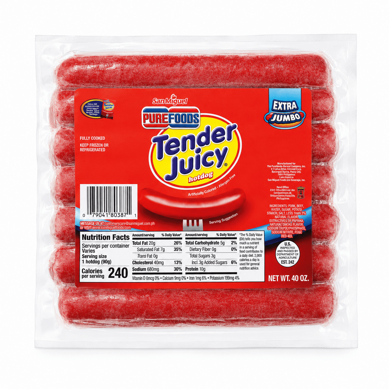 Purefoods Tender Juicy Hotdog Extra Jumbo, Frozen 40 oz