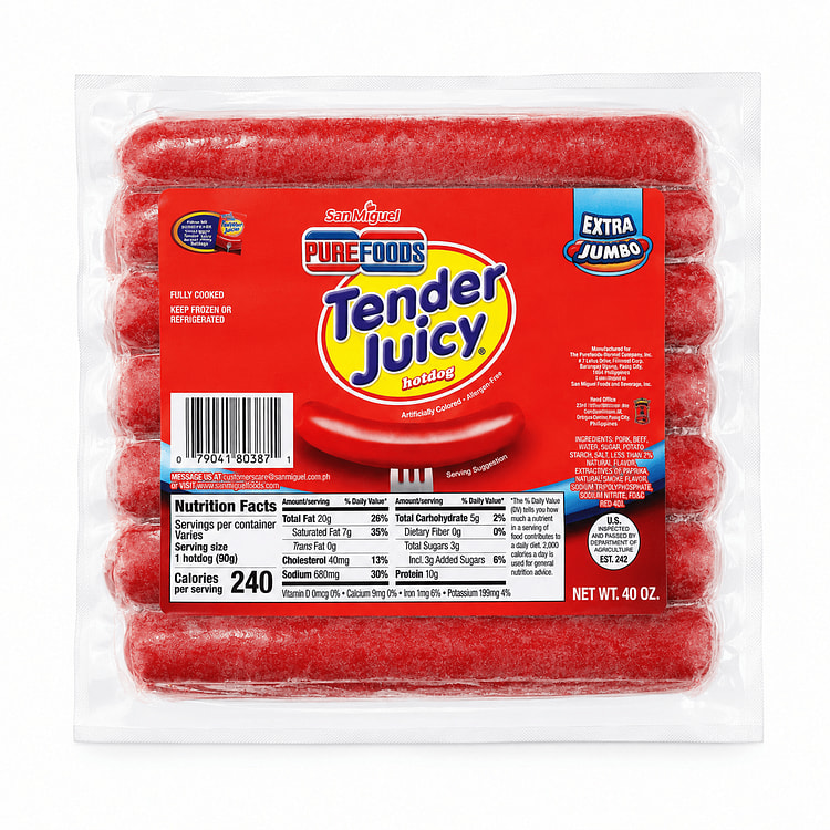 Purefoods Tender Juicy Hotdog Extra Jumbo, Frozen 40 oz