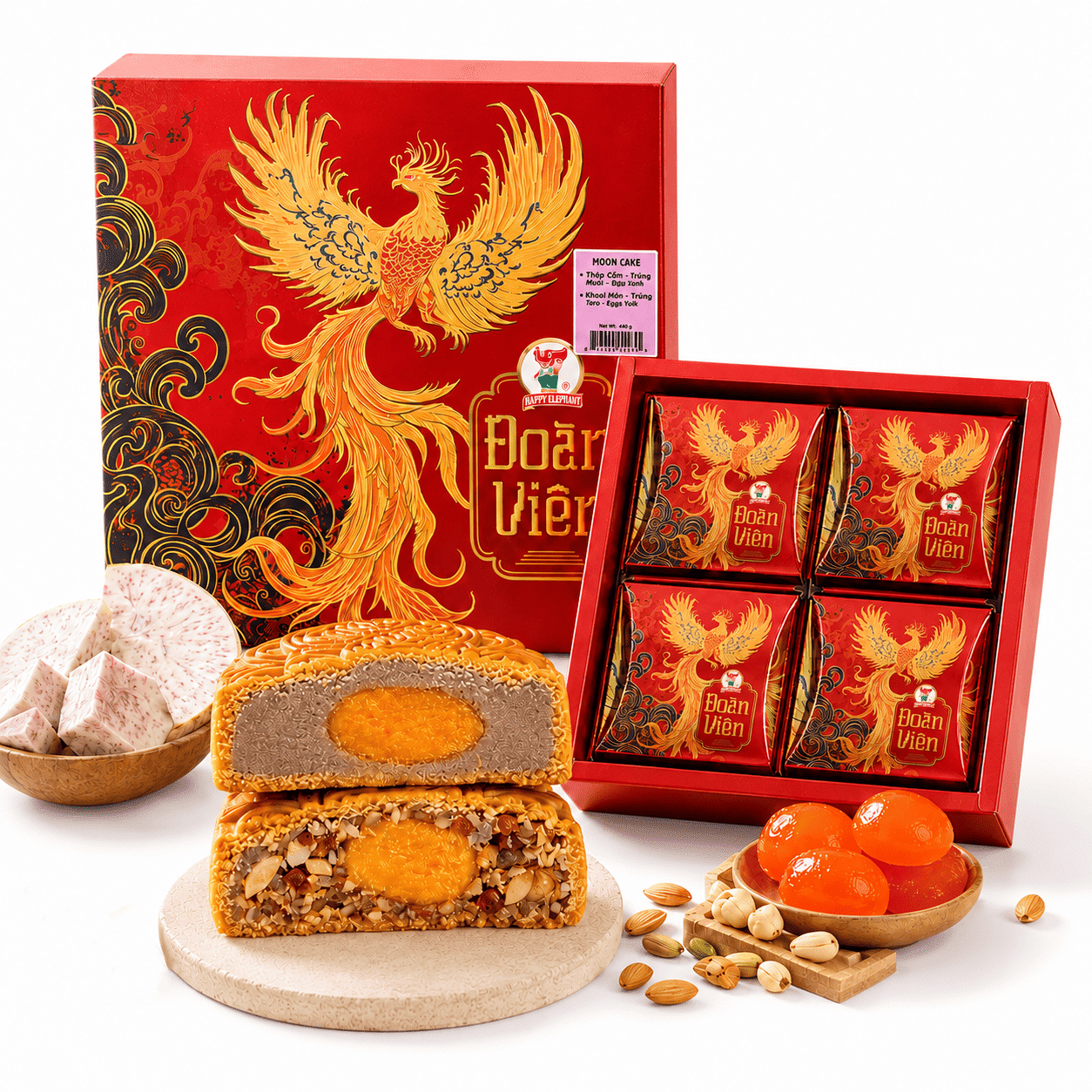 Happy Elephant Premium Moon Cake Taro (Yolk) 2pcs & Mixed (Yolk) 2pcs 480 g