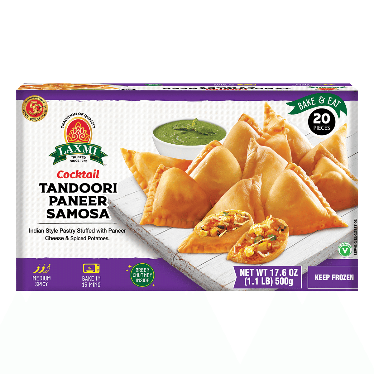 Laxmi Cocktail Tandoori Paneer Samosa with Green Chutney, Frozen 500 g