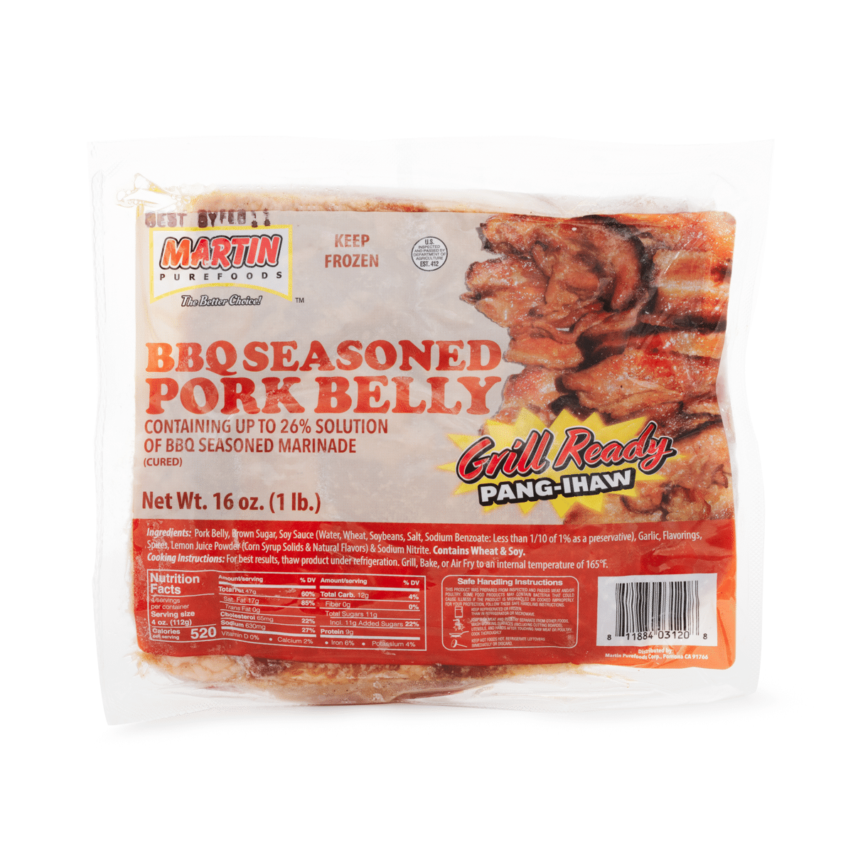 Martin Purefoods BBQ Seasoned Pork Belly, Frozen 16 oz