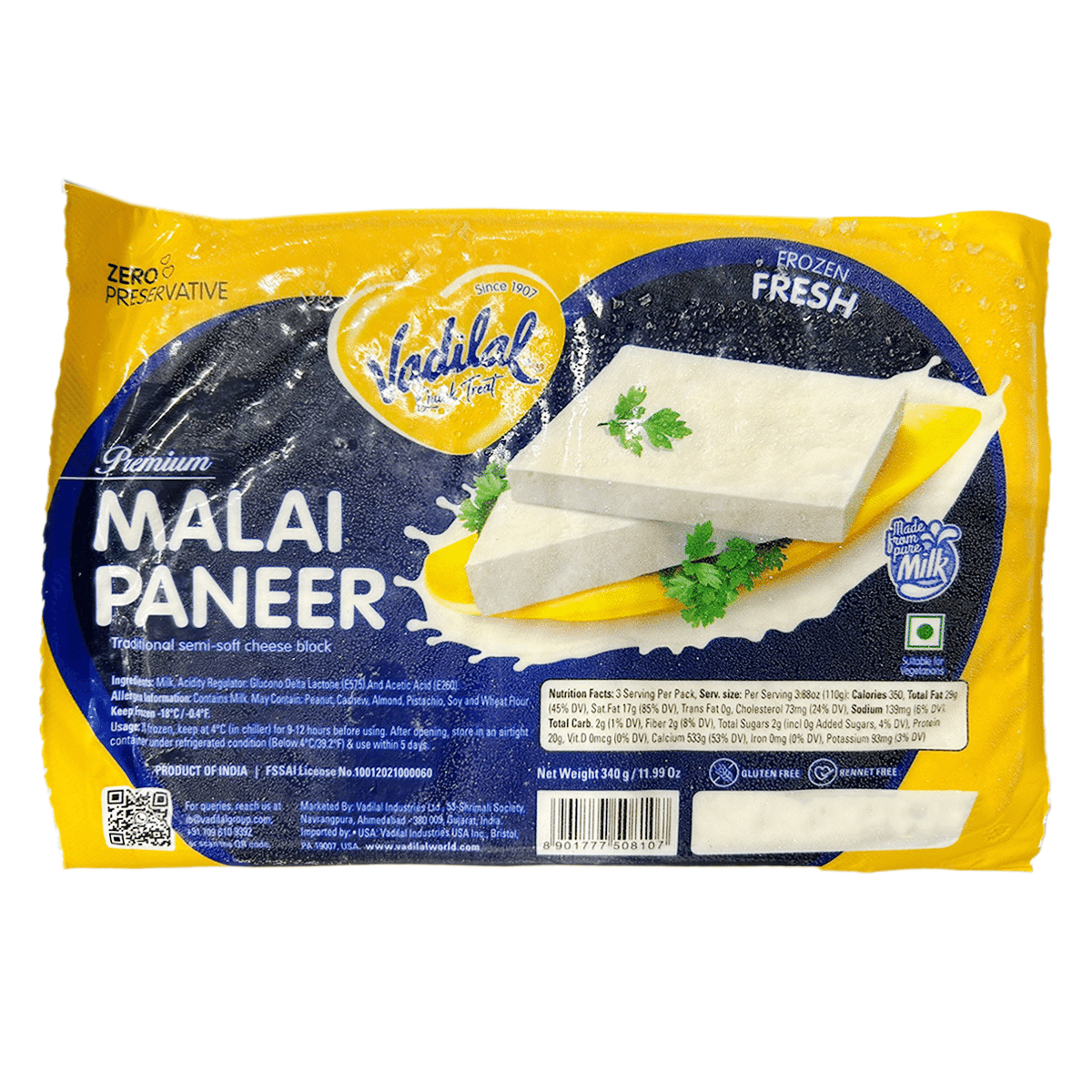 Vadilal Malai Paneer, Frozen 340 g
