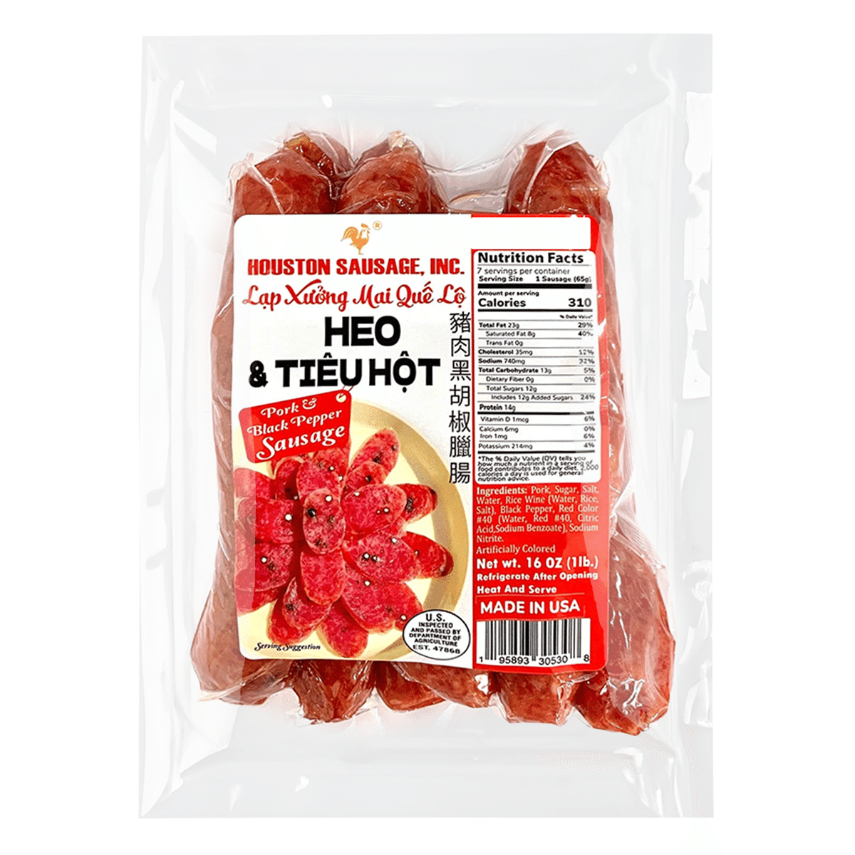 Houston Sausage Black Pepper Pork Sausage 16 oz*24 pack