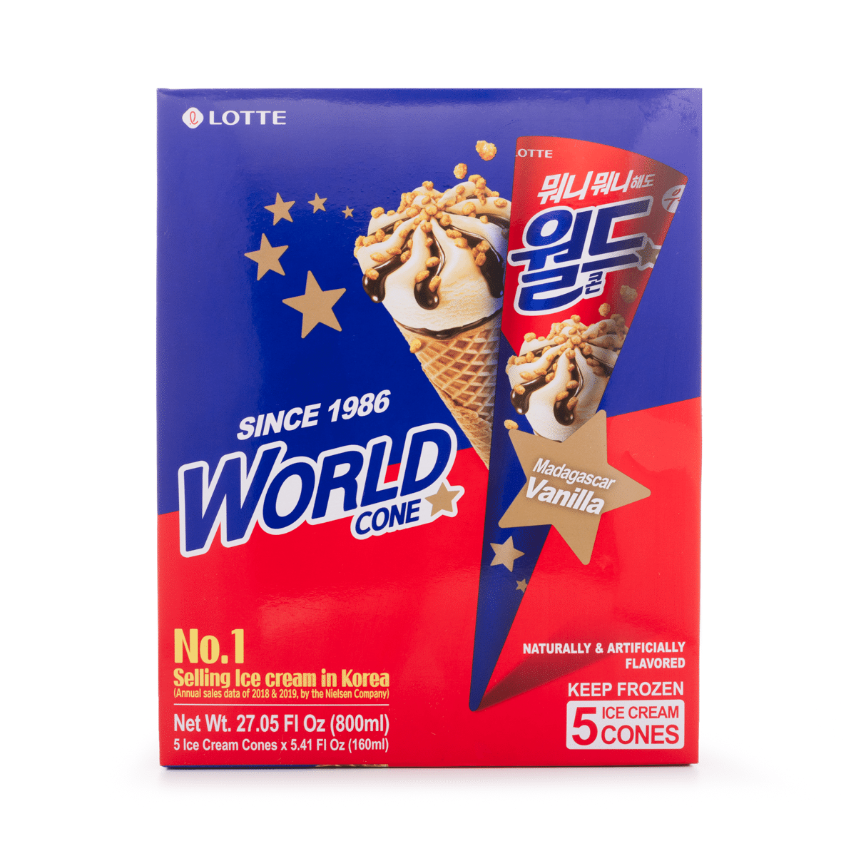 Lotte World Ice Cream Cone, Vanilla Flavor 5 ct 1 case