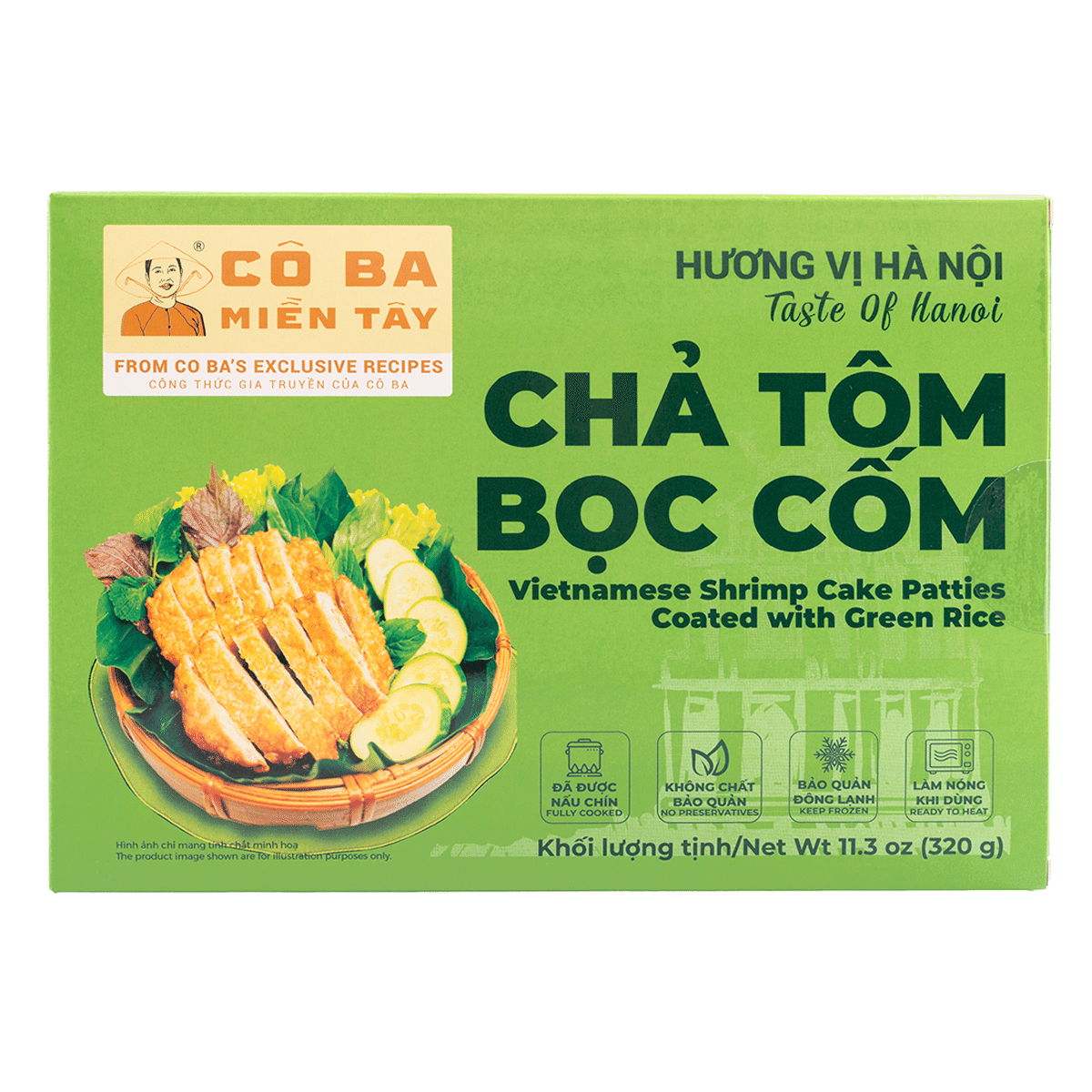 Bolinhos de camarão vietnamita Co Ba cobertos com arroz verde, congelados 11.3 oz