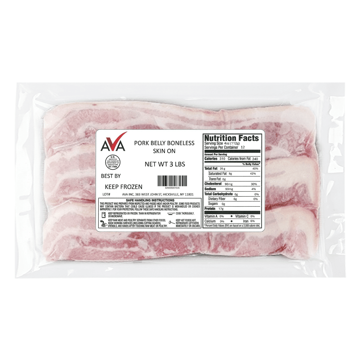 Pork Belly Boneless Skin On Frozen 3-3.3 lb